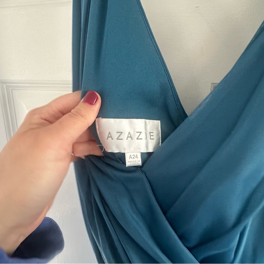 Azazie A24 TANICIA Stretch Ink Blue A-Line V-Neck Pleated Mesh Dress - Picture 4 of 6